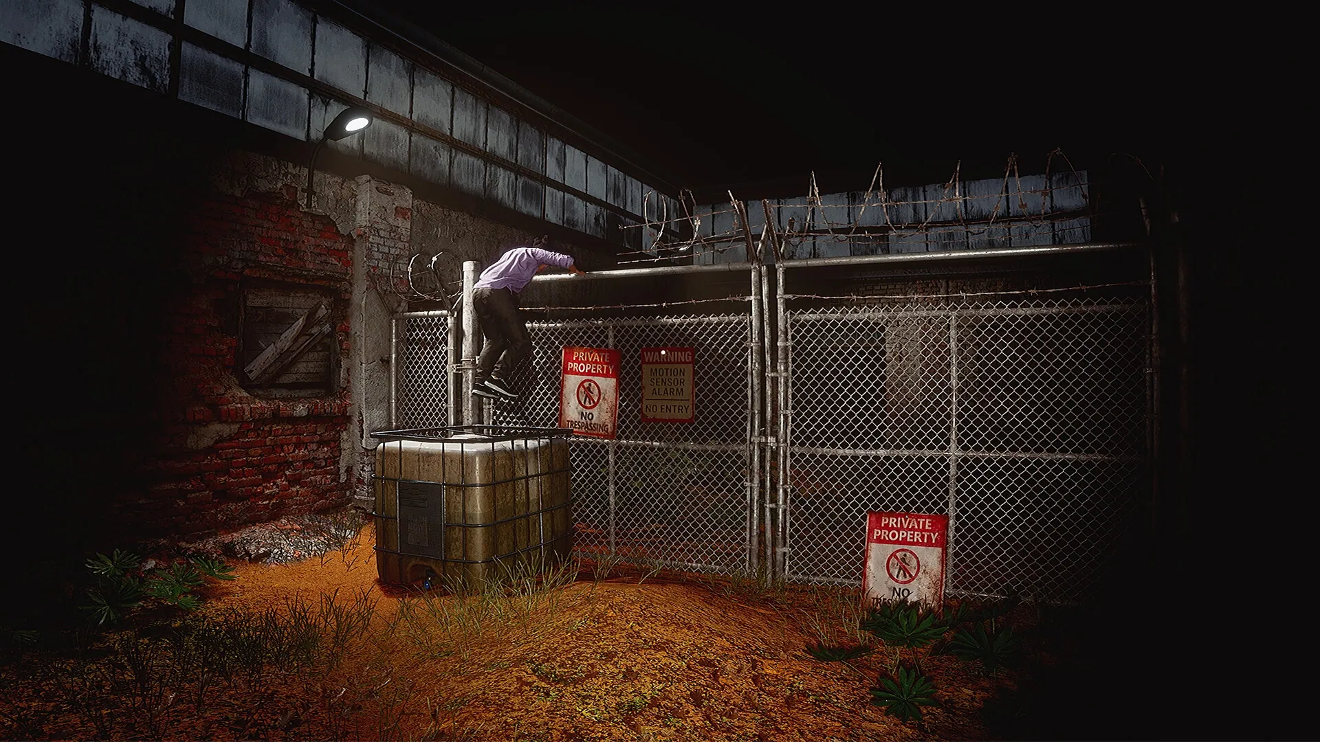 A player climbing a fence into a restricted area