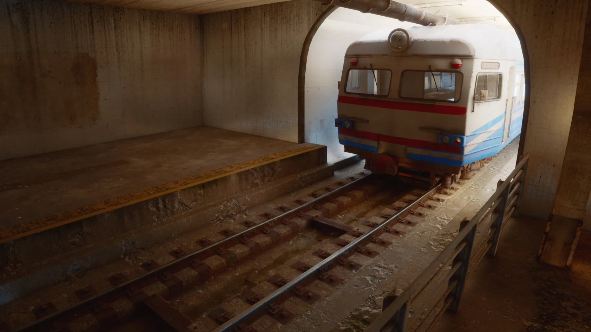 An old subway train waiting in the tunnel