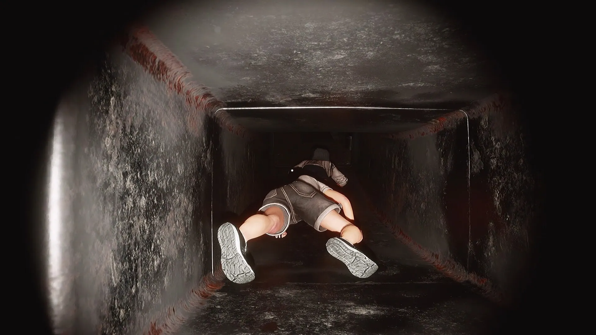 A player crawling through a narrow vent