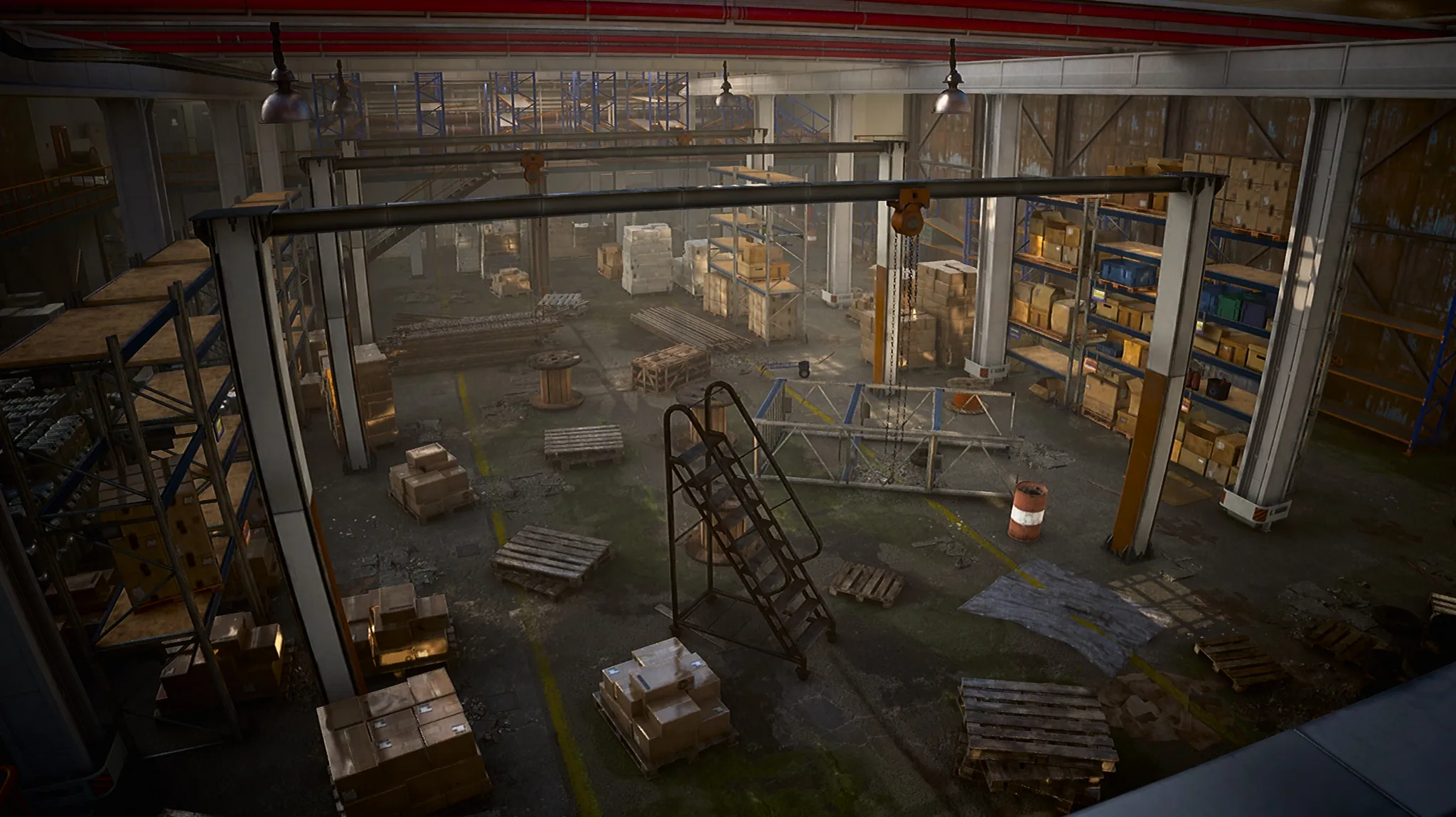 Warehouse interior with shelves, ladders and scattered boxes